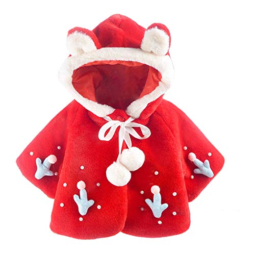 Toddler Kids Baby Girls Fleece Jacket with Hood Cartoon Pompoms Thick Cloak Jacket Winter Warm Coat Outwear Hoodies Red
