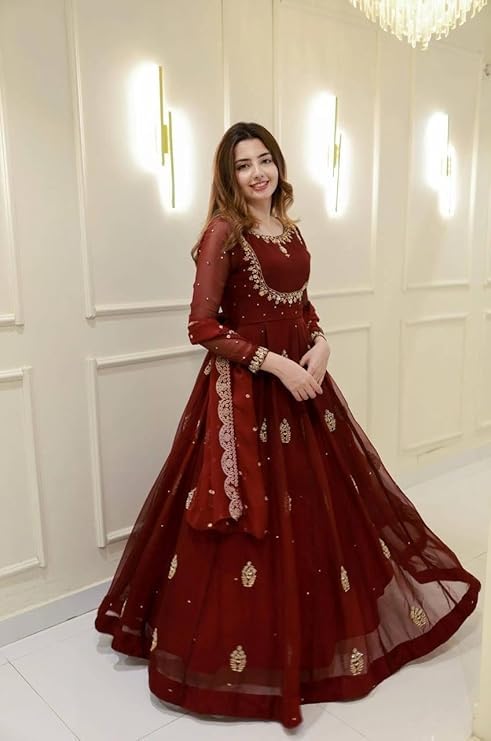 Image of Yashika Women's Georgette Ethnic Gown with Dupatta, Ankle Length Flared Dress, Full Sleeves, Traditional Indian Wear