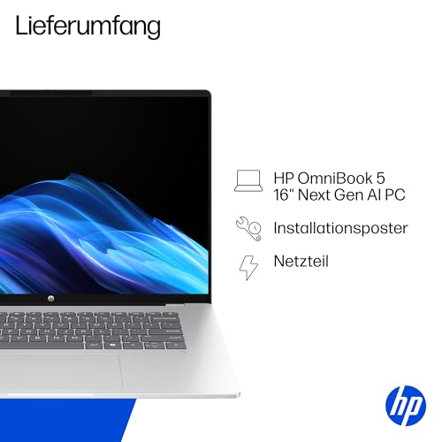 HP OmniBook 5 Next Gen AI Laptop PC, 16 Zoll 2K OLED Touch, Snapdragon X1-26-100 Prozessor (45 NPU-Tops), 16 GB LPDDR5x RAM, 512 GB PCIe SSD, Qualcomm Adreno GPU, Windows 11 Home, QWERTZ, Silber