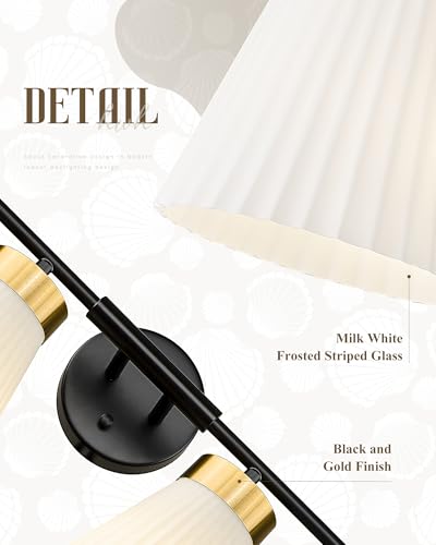 Image of 4-Light Bathroom Light Fixture, HWH 32 Inch Vanity Lights Over Mirror, Modern Sconce Wall Lighting with Frosted Milk White Striped Glass, Black and Gold Finish, 5HZG97B-4W BK+BG