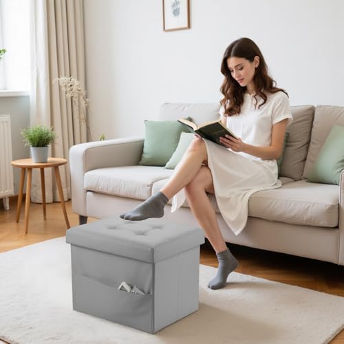 Image of Bsketa Storage Ottoman Bench,17 Inch Folding Leather Foot Rest Stool, Grey | Small Ottoman with Side Pockets, Thicker Foam Padded Seat, Livingroom, Dorm, Bedroom, Easy to install, 43L,17x13x13in