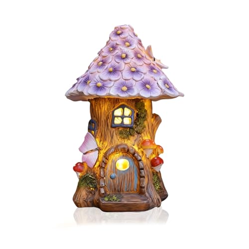 Solar Garden Fairy House Statue, Resin Mushroom Tree House with LED Lights, Purple Flower Roof, Garden Decor, 20cm Height