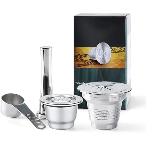 4 in 1 Reusable Stainless Steel Coffee Capsules Compatible with L'OR Barista LM8012/60 - Refillable Metal Espresso Pods for L'or and Nespresso Machines,Coffee Press and 304 Spoon Gifted Cover