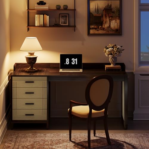 Image of Tribesigns 61-Inch Computer Desk with 4 Drawers, Mid-Century Modern Office Desk with Storage, Wood Study Writing Table for Home Office, Study Room, Bedroom, Brown & Beige