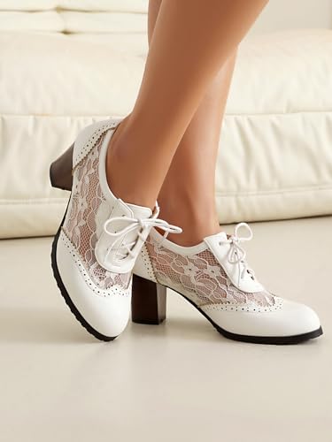 BEAUPAS Women's Vintage Oxford Pumps Lace Stacked Block Heel Wingtip Brogue4