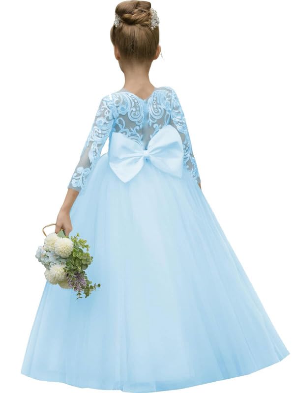 Flower Girl Dresses for Wedding Lace Applique Party Gown Princess Pageant Dress with Bow-Knot
