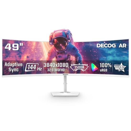Deco Gear White 49 Inch Curved Monitor 144HZ Ultrawide DFHD Screen 3840x1080 32:9 VA Panel R1500 E-LED HDMI Display Port 3000:1 Laptop PC Computer Accessory for Work Gaming Design Create