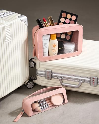 Image of LETGO 2Pack Clear Makeup Bags Set, Small Clear Makeup Bag, PU Leather Travel Makeup Brush Case Portable Transparent Waterproof Cosmetic Pencil Case Organizer Pouch(2Pack-White Set)