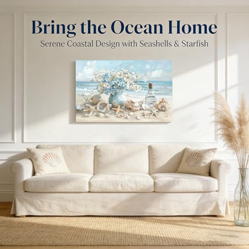 Blue Ocean Beach Bathroom Canvas Wall Art Seaside Seashell Painting Picture Wall Decor Starfish with White Flower Coastal Poster Print Artwork for Living Room Bedroom Bathroom 24x36 in by QQXKVXOB - Used condition - Image 5