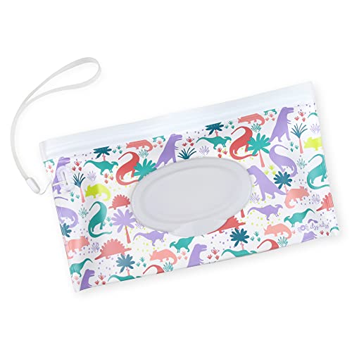 Image of Itzy Ritzy Travel Wipes Case - Reusable Wipe Pouch – Take & Travel Pouch Holds Up to 30 Wet Wipes, Includes Silicone Wristlet Strap, Darling Dinosaurs