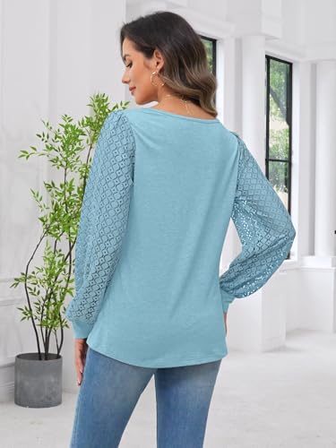 Womens Lace Sleeve Tops Fall Shirts Casual Loose Square Neck Button Blouses4
