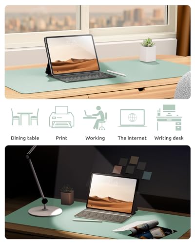 Image of YSAGi Leather Desk Mat, Large Mouse Mat, 60 x 35 cm, Light Green | Non-Slip Desk Pad, Keyboard Mat, Waterproof Table Protector Desk Accessories for Office & Home