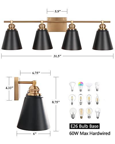 Image of 31.5-Inch 4-Light Farmhouse Bathroom Vanity Light, Black and Gold | Matte black metal shades, white interiors, 4 E26 sockets, 60W max each, dimmable, ETL listed, bathroom mirrors, bedrooms
