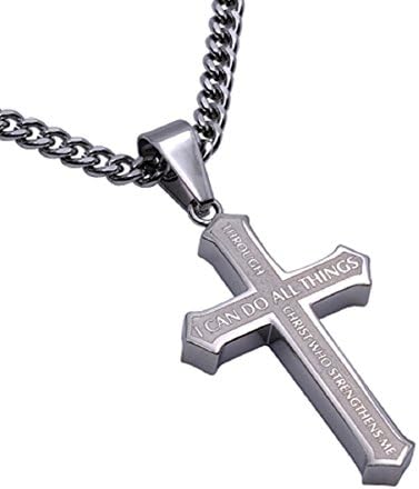 Spirit and TruthChristain Men's Stainless Steel Cross Necklace, Bible Verse Philippians 4:13 CHRIST MY STRENGTH Scripture Jewelry on Curb Chain 24"