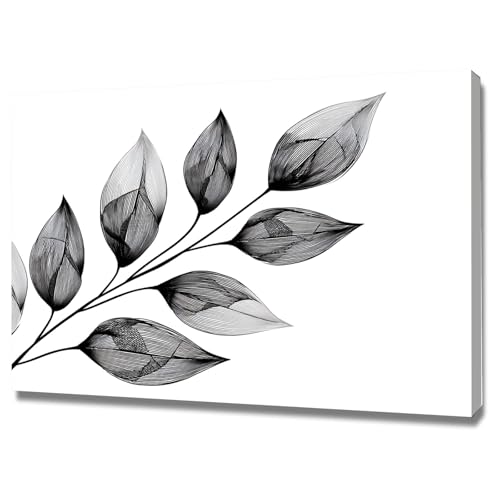 Feuilles dessinées au trait noir en cadre mural 60x90 cm
