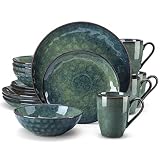 vancasso Starry 16 Pieces Green Round Stoneware Dinner Set, Reactive Change Glaze Serving Set with D