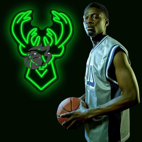 Image of Basketball Team Neon Sign, Sport Light Up Dimmable Milwaukee Basketball Team Logo Hanging USB Powered Led Neon Sign for Wall Decor, Bedroom, Man Cave, Party, Birthday Party Christmas Merch Deco Gift for Boys Teens Fans