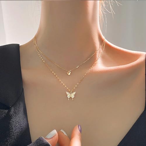 GIGB PBDK Gold Layered Butterfly Pendant Necklace for Women,Silver Adjustable Crystal Choker Necklace,Sparkling Rhinestone Jewelry Gifts for Wedding Party2
