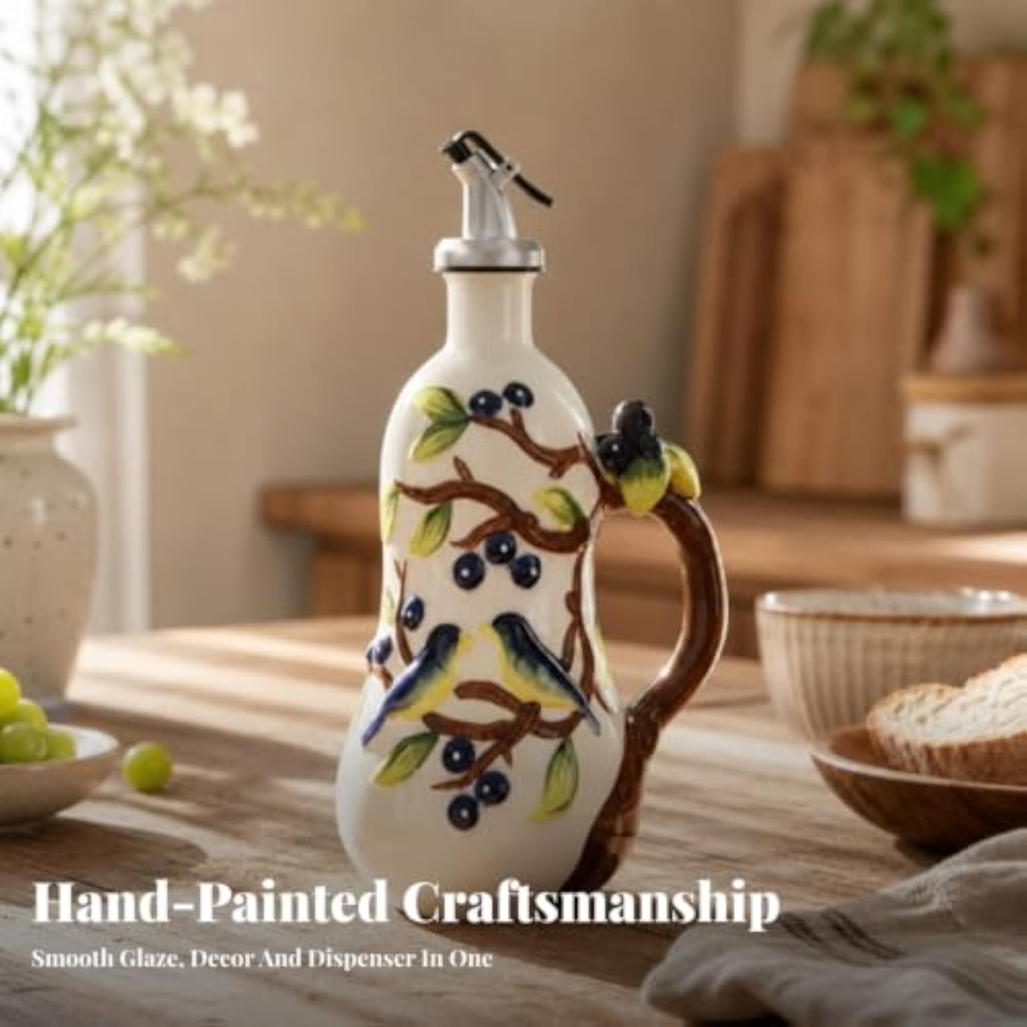 Hand-Painted Olive Oil Dispenser Bottle, Decorative Kitchen Accessory