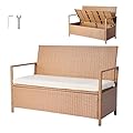 VEVOR Outdoor Storage Bench, 2-Person PE Rattan Storage Bench, 70 Gal Deck Box with Cushion, Supports up to 265 lbs, Weatherproof Outdoor Seating & Porch Decor for Patio Garden Balcony Yard