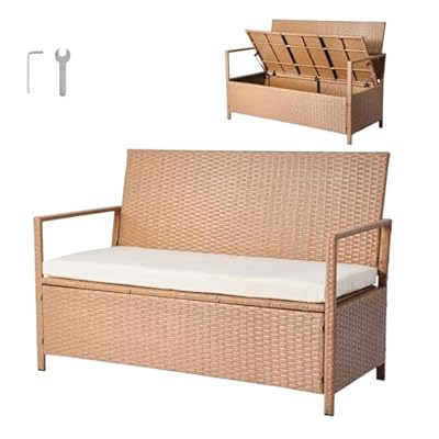 VEVOR Outdoor Storage Bench, 2-Person PE Rattan Storage Bench, 70 Gal Deck Box with Cushion, Supports up to 265 lbs, Weatherproof Outdoor Seating & Porch Decor for Patio Garden Balcony Yard