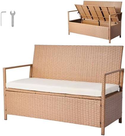 VEVOR Outdoor Storage Bench, 2-Person PE Rattan Storage Bench, 70...