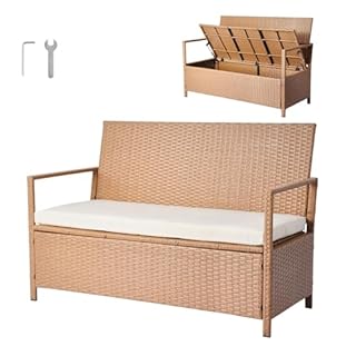 VEVOR Outdoor Storage Bench, 2-Person PE Rattan Storage Bench, 70 Gal Deck Box with Cushion, Supports up to 265 lbs, Weatherproof Outdoor Seating & Porch Decor for Patio Garden Balcony Yard