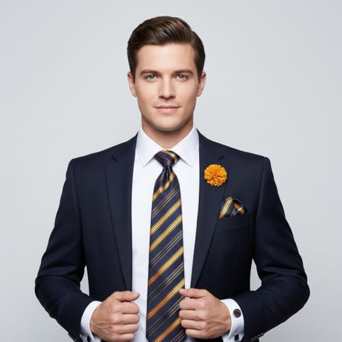 Image of 5PCS Mens Premium Silk Tie, Pocket Square, Cufflinks, Drilled Tie Ring and Lapel Pin Set for Wedding Groom Party
