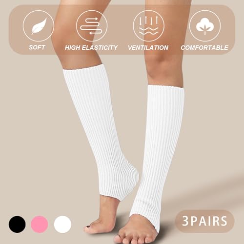 FUIPVGI 3 Paar Bein Stulpen Damen, Winter Lange Gestrickt Beinwärmer Legwarmers, Beinwärmer Knöchelwärmer für Ballett Yoga Frauen und Mädchen (Schwarz, Weiß, Rosa)