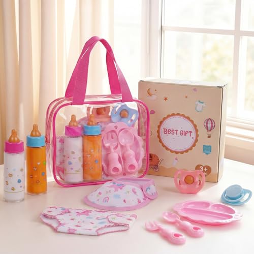 BABESIDE Baby Doll Accessories,10 Pieces Baby Doll Diaper Bag Set with Magic Bottles, Pacifiers, Doll Diaper & Pretend Play Feeding Set for Dolls, Ideal Gift for Kids Age 3+