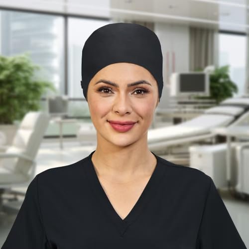 Image of Adjustable Scrub Cap with Button, Satin-Lined Cotton Scrub Hat Sweatband, Elastic Working Hat Unisex, One Size
