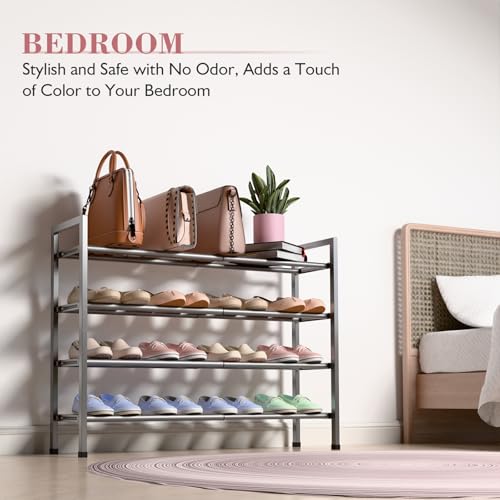 Image of Bumusty 4-Tier Expandable Shoe Rack for Closet, 18 inch-33 inch Adjustable Shoe Rack for Small Space, Small Shoe Organizer for Front Door, Sturdy Metal, Gray