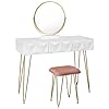 eSituro Make-uptafel met kruk en 360° draaibare make-upspiegel, make-uptafel met 3 laden, kaptafel met gevoerde fluwelen…