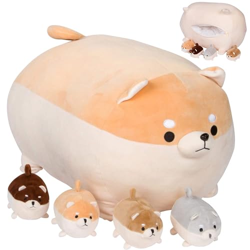 PixieCrush Stuffed Dog Toy - Cute Plushies Shiba Inu Mommy with 4 Puppies - Adorable Plush Pillow for Imaginative Play - Puppy Surprise Soft Animal...
