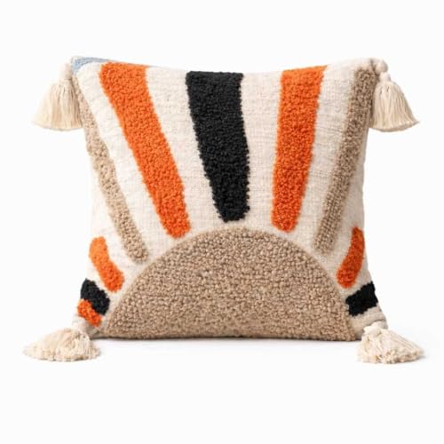 Image of Cushion Cover Pack of 4 (16x16 Inches) | Cotton Textured Decorative Throw Pillow Case for Sofa Bed Living Room Tufted Cushion Cover with Tassels (Multicolor)