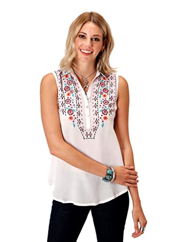 Roper Rayon Challis Sleeveless Blouse W/Floral Embroidery White Lg #TOP14