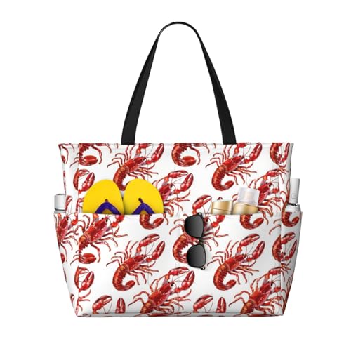 Large Beach Bags for Women Sandproof - Cute Cartoon Lobster Print Summer Travel Work Tote Bags with Zipper