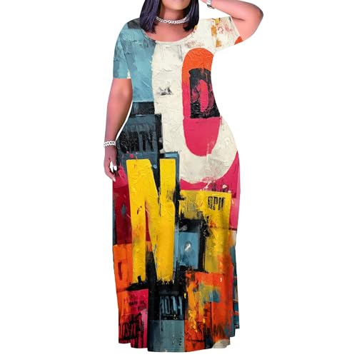 Image of PinkPatty Plus Size Dress for Women Casual Crew Neck Short Sleeve Maxi Dress Oversized Summer Beach Dresses with Pockets