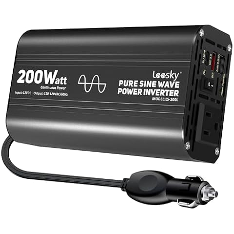 Pure Sine Wave Car Inverter 200 Watt 12V DC to 110V 120V AC Car Power Inverter Converter with 30W PD USB-C & QC3.0 USB-A Fast Charging for Vehicle Truck RV by Leesky Cover