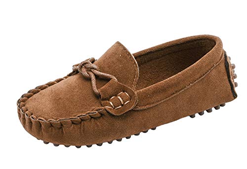 WUIWUIYU Garçons Filles Suède Cuir Chaussure Bateau Mocassins Slip on Style - Brun 25