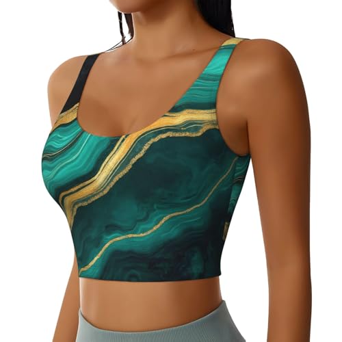 Cozy for Teal Turquoise Green Gold Black Marble Yoga Bra for Women Girls, U-Shaped Back Tops with Pads Control Shapewear Outfit for Sports Fitness