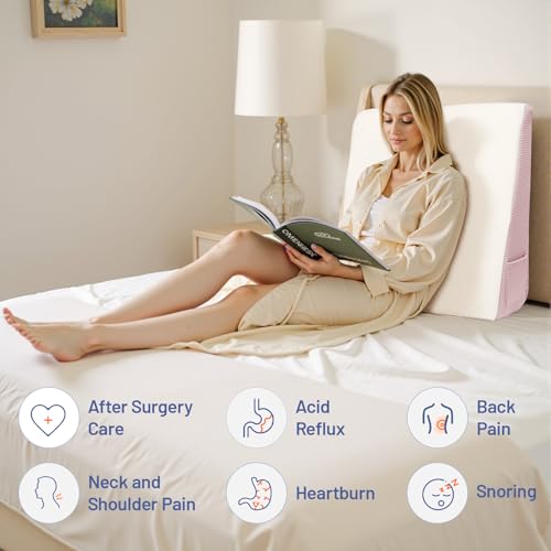Wedge Pillow for Headboard, 7.5’’ Triangle Elevated Bed Wedge Pillow for Acid Reflux Relief, Sleeping, Post Surgery, Back Pain Relief, Snoring, Soft Memory Foam Top & Washable Breathable Cover, Pink