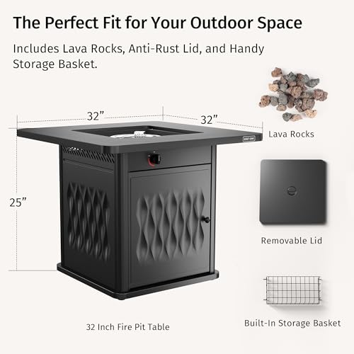 Image of EAST OAK 32'' Propane Fire Pit Table, 50,000 BTU Steel Gas FirePit for Outdoor, Outside Patio Deck and Garden, CSA Certified Fire Table with Magnetic Lid, Cover-Storage Basket and Lava Rock, Black