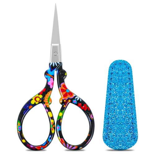 Crochet Scissors Vintage Small Sewing Embroidery Scissors Sharp Crafting Threading with Leather Cover Stainless Steel Black Flower Design Shears for Craft Art Work Manual Sewing Handicraft DIY Tool