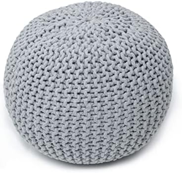 The Home Talk Poufs Ottoman Footrest for Couch Outdoor Poufs for Patio Hand Knitted Cotton Floor Chair, Small Furniture for Home Décor, Living Room, Bedroom, Bean Bag 18"x18"x14" - Light Grey