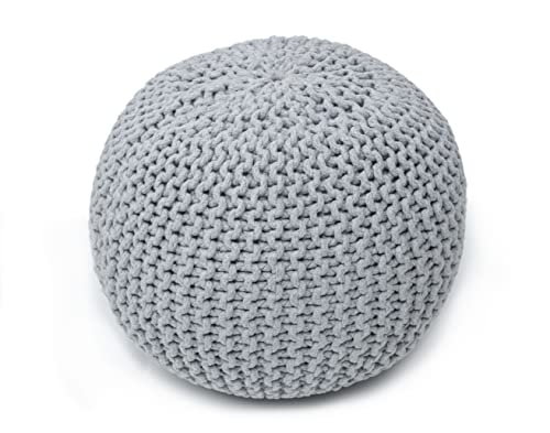 The Home Talk Poufs Ottoman Footrest for Couch Outdoor Poufs for Patio Hand Knitted Cotton Floor Chair, Small Furniture for Home Décor, Living Room, Bedroom, Bean Bag 18"x18"x14" - Light Grey