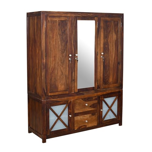 Image of Cross Pattern Solid Wood 3-Door Wardrobe with Mirror in Provincial Teak Finish