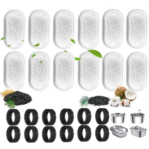 FEJYTOR 24PCS Cat Water Fountain Filters Cat Fountain Filter Replacement for 108oz/3.2L & 67oz/2L Stainless Steel Cat Water Fountain Pet Fountain Activated Carbon Replaced Filter(12Filter+12Sponge)