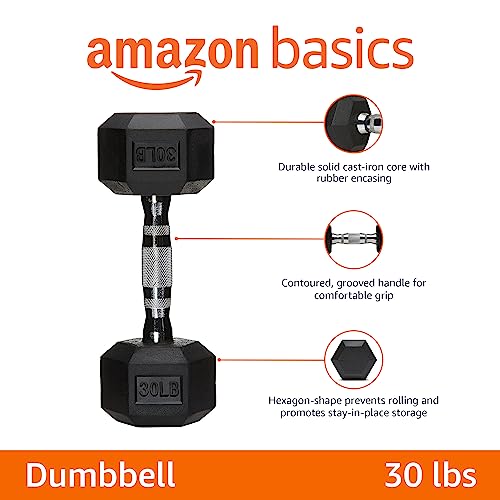 Amazon Basics Rubber Hex Dumbbell Hand Weight, 30 Pounds, Single, Black image 2