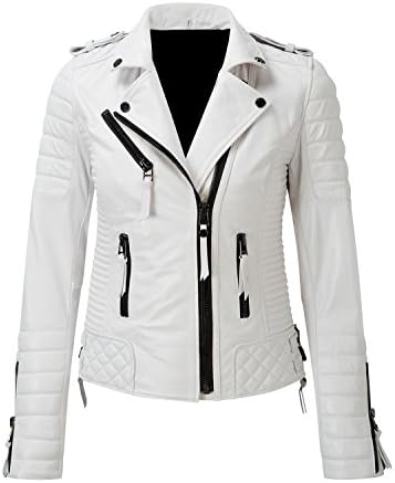 SALTONI Women's Quilted White Biker Leather Jacket